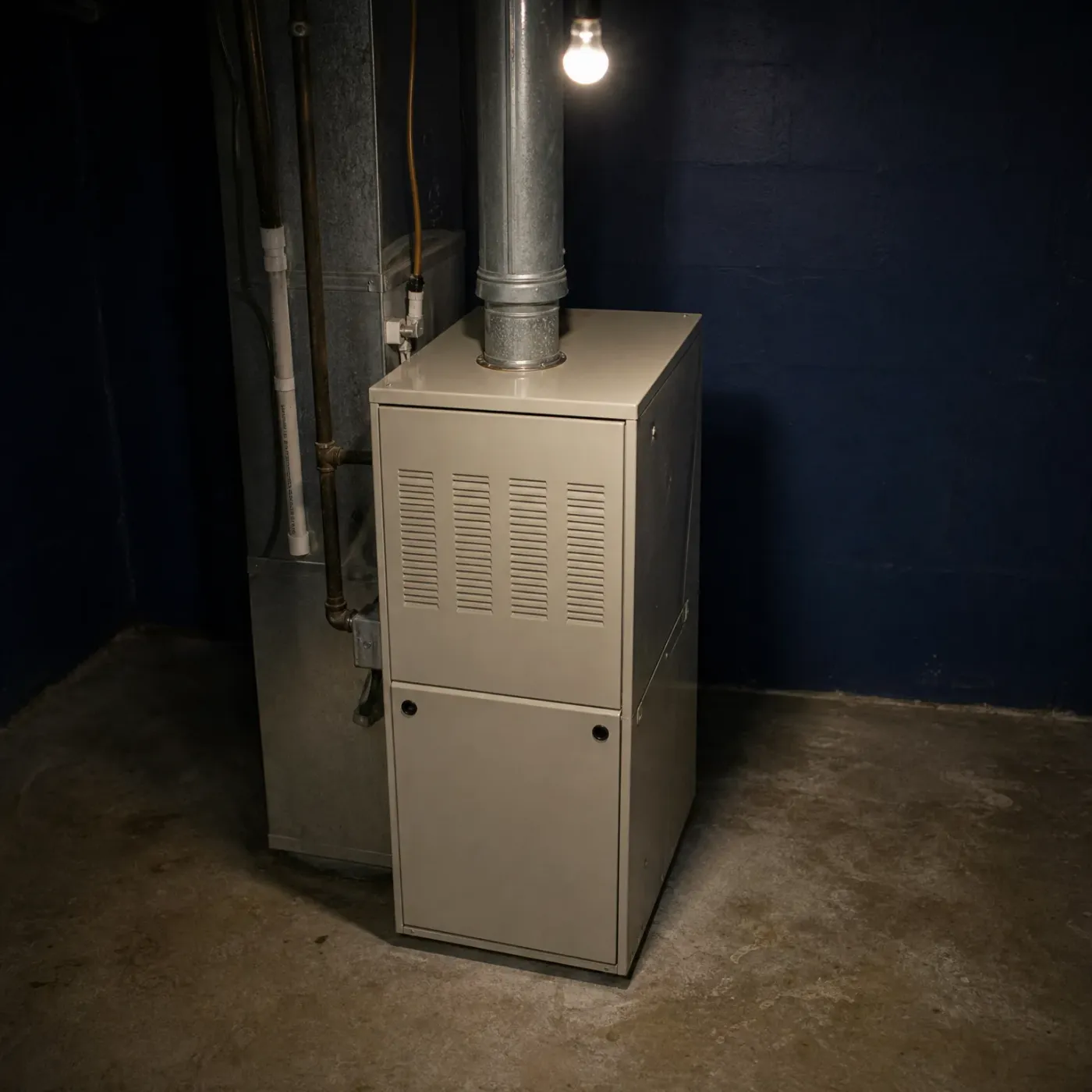 A beige furnace with a louvered upper panel and metal flue pipe stands on a concrete basement floor beside pipes and ductwork, lit by a bare hanging bulb against a dark blue wall.