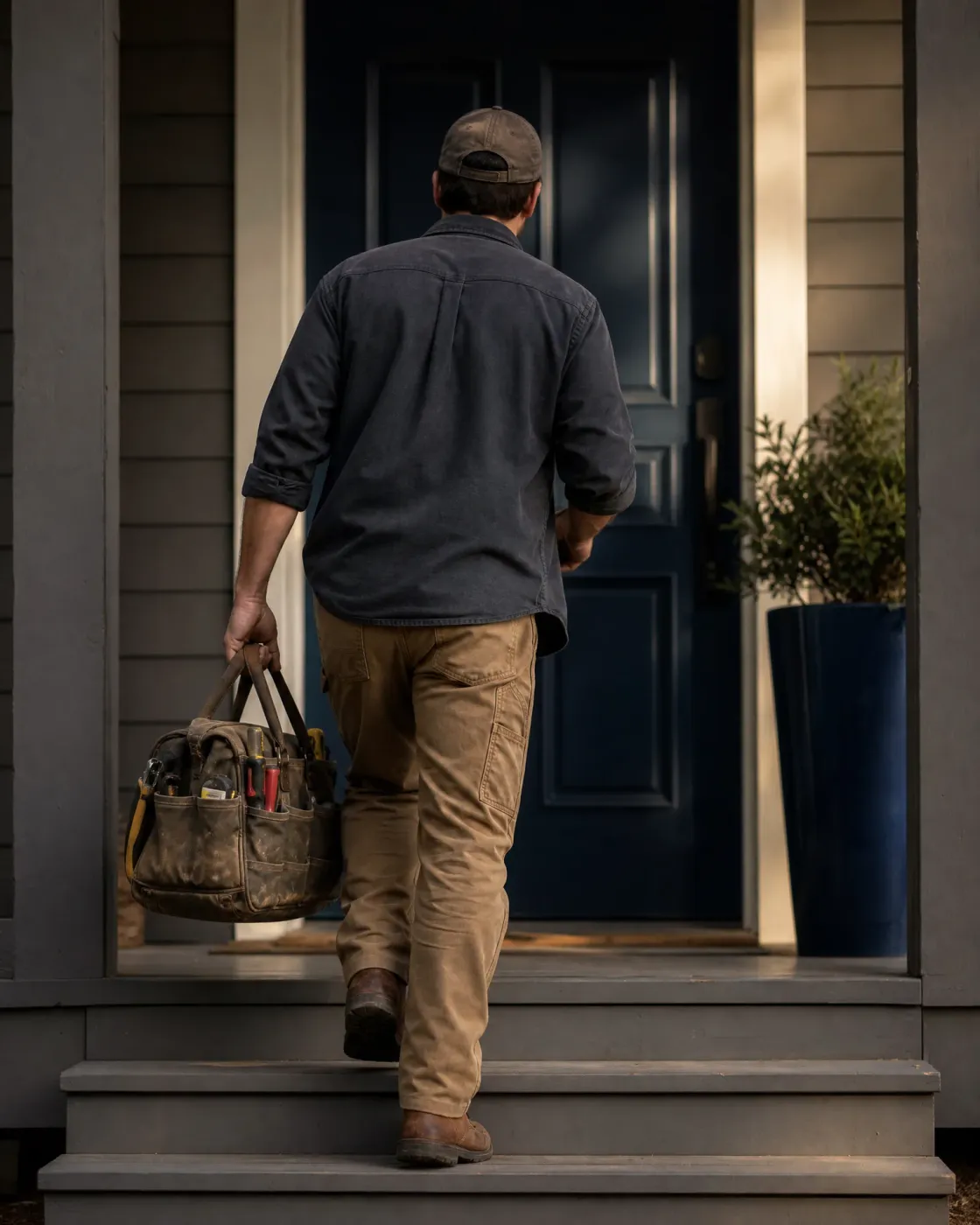 A man in a cap, dark shirt and tan work pants carries a worn canvas tool bag up porch steps toward a dark blue front door, with a potted shrub beside the entry.