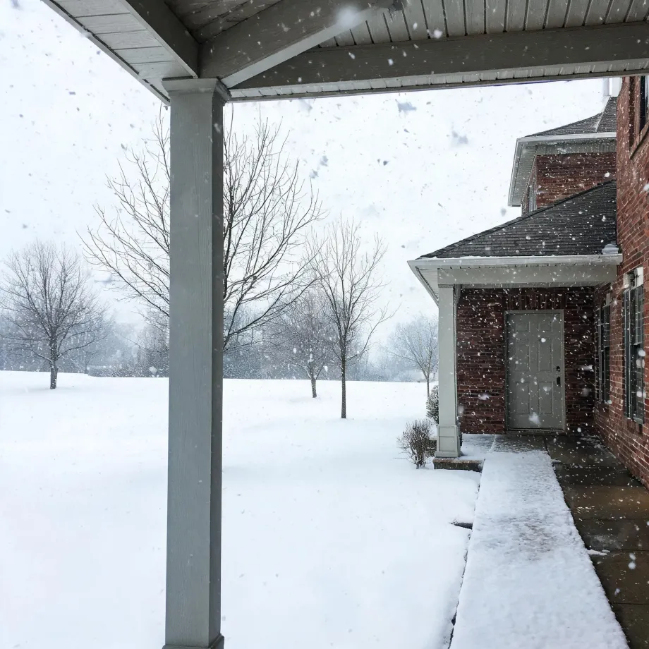 View from under a covered porch with a gray column toward a brick house with a gray side door, a snow-covered walkway and lawn, and bare trees during falling snow.