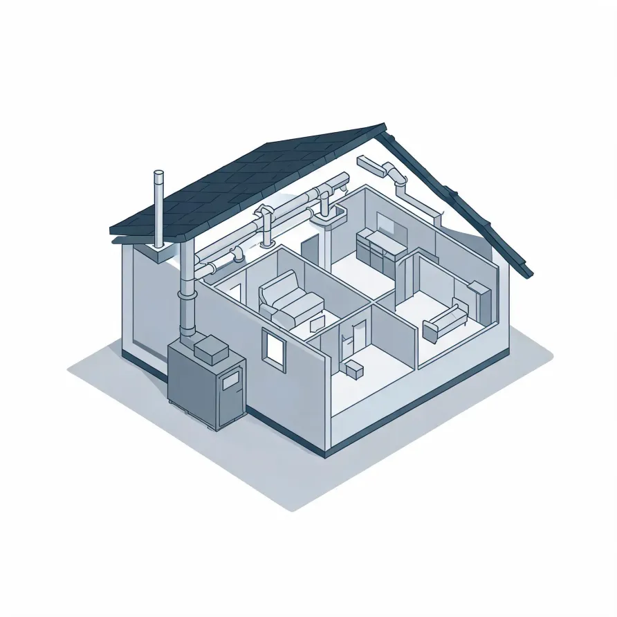 Isometric line illustration of a cutaway single-story house showing interior rooms with furniture, ceiling ductwork, a chimney flue, and a furnace unit outside the exterior wall.