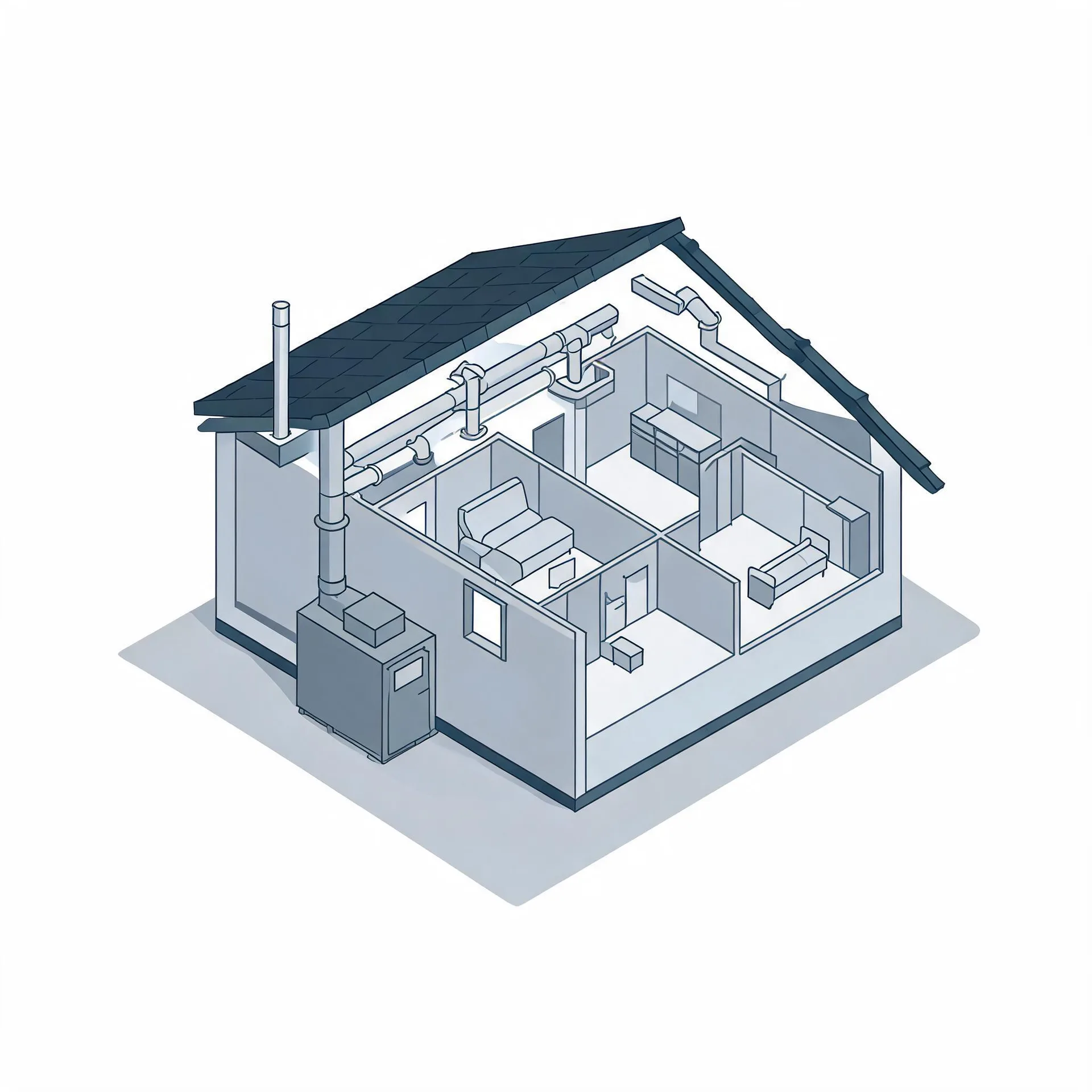 Isometric line illustration of a cutaway single-story house showing interior rooms with furniture, ceiling ductwork, a chimney flue, and a furnace unit outside the exterior wall.