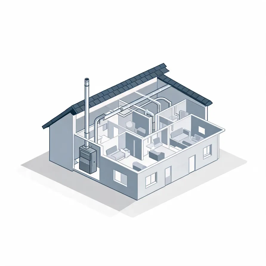 Isometric cutaway illustration of a single-story house in gray tones, showing interior rooms with furniture, ceiling ductwork, and an exterior furnace unit with a tall flue pipe.
