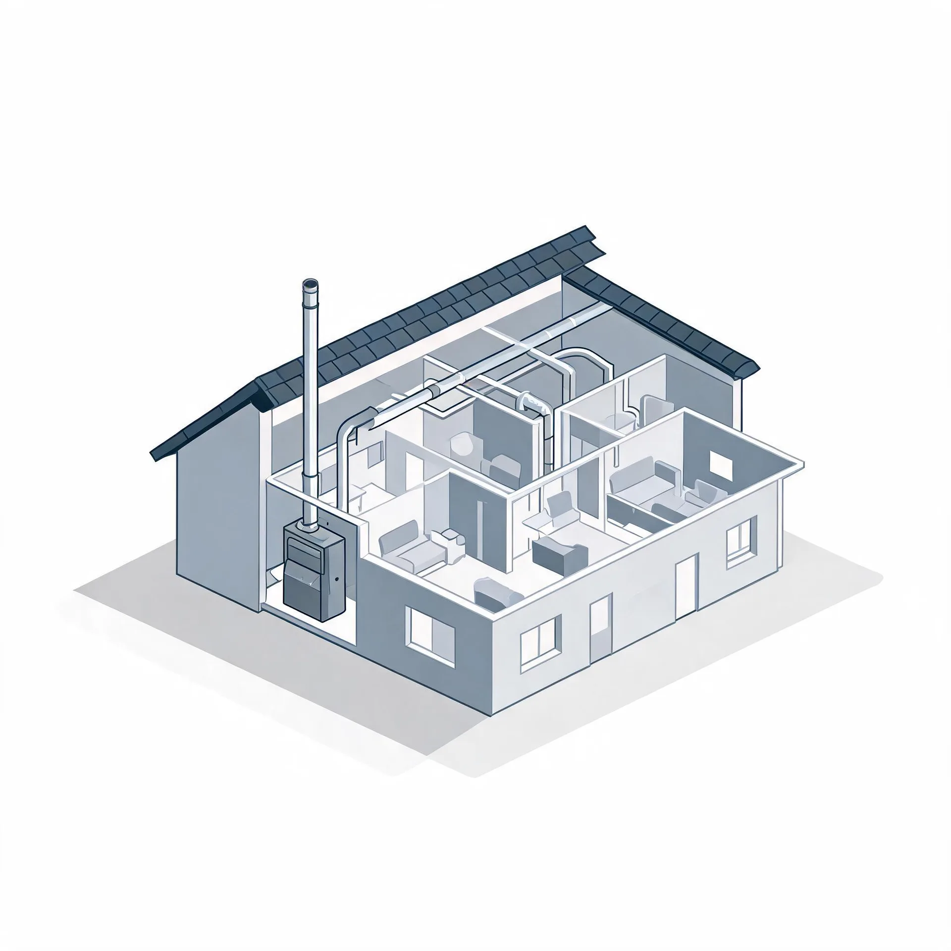 Isometric cutaway illustration of a single-story house in gray tones, showing interior rooms with furniture, ceiling ductwork, and an exterior furnace unit with a tall flue pipe.