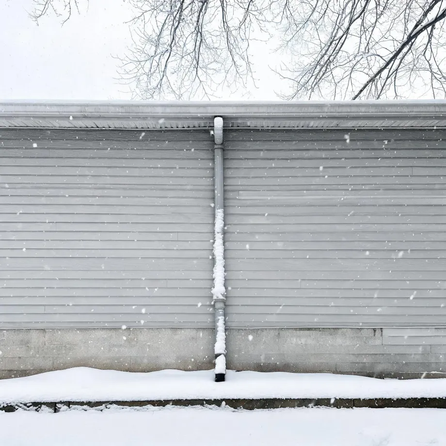Gray horizontal lap siding on a building above a concrete block foundation, with a central downspout partly coated in snow, falling snowflakes, snow-covered ground, and bare tree branches against a white sky.