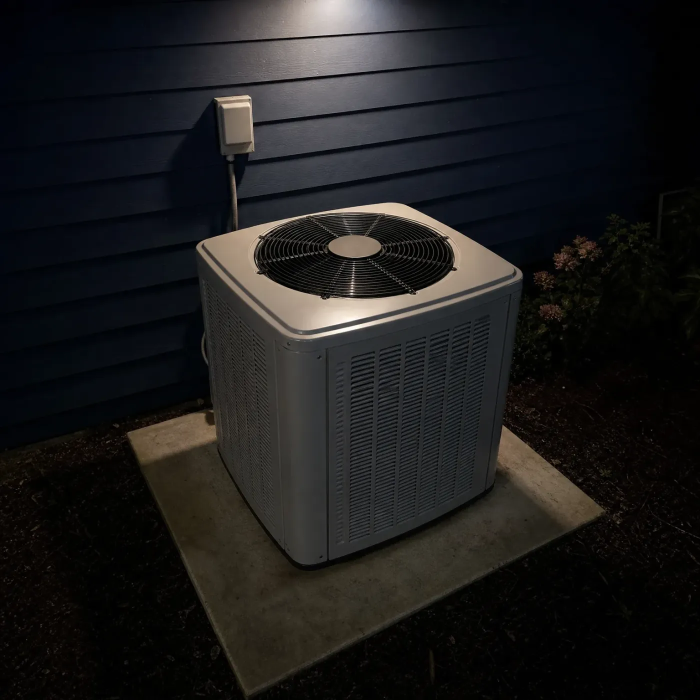 An outdoor air conditioning condenser unit with a top-mounted fan sits on a concrete pad beside a dark blue horizontal lap siding wall with an electrical disconnect box above it, photographed at night.