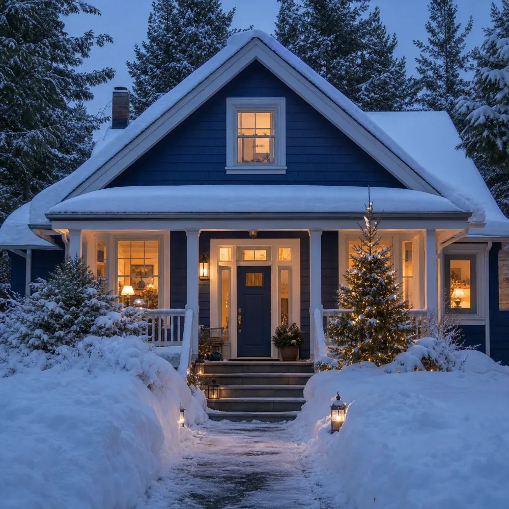 A navy-blue clapboard house with white trim and a covered porch at dusk, its windows lit, surrounded by deep snow, conifers, a lit small evergreen tree, and lanterns along a shoveled path.