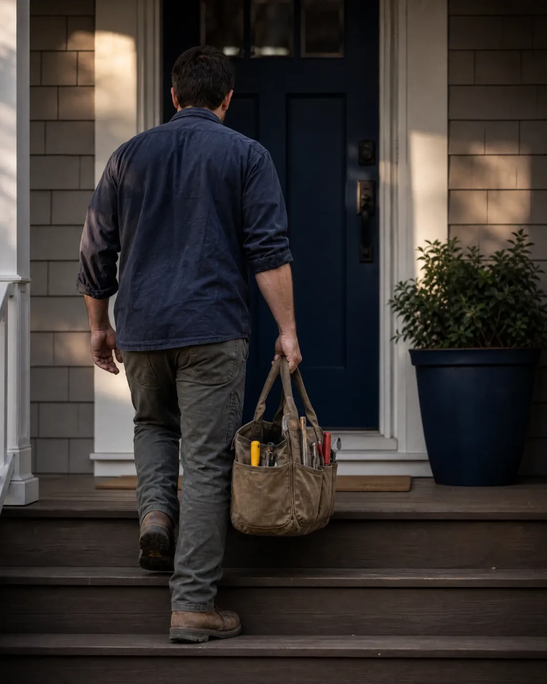 A man in a dark shirt and work boots carries a canvas tool bag filled with tools up wooden porch steps toward a navy blue front door of a shingled house, with a potted shrub to the right.
