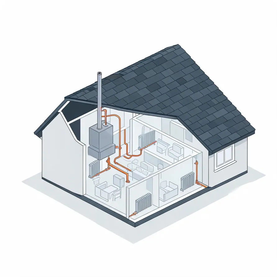 Isometric cutaway illustration of a single-storey house with a dark tiled roof, showing a grey boiler with a flue pipe, orange pipework running to radiators, and simple furniture in the rooms.