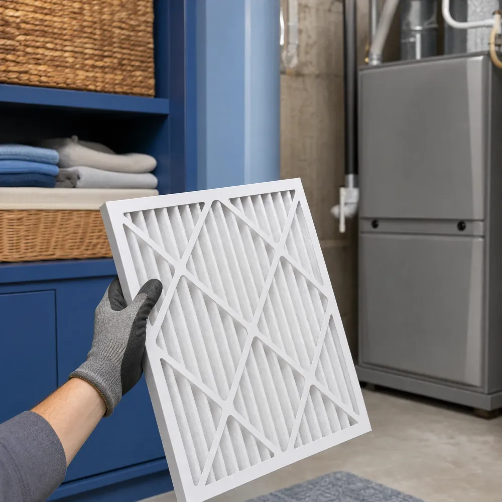 A gloved hand holds a white pleated air filter in front of a blue storage cabinet with folded towels and a gray furnace unit.