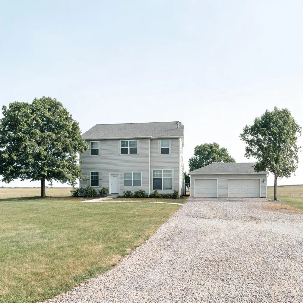 A two-story light gray vinyl-sided house with a detached two-car garage, flanked by deciduous trees, with a gravel driveway curving across a mowed lawn under a pale sky.
