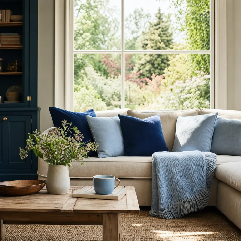 A cream sectional sofa with navy and light blue cushions and a fringed blue throw sits beneath a white-framed window overlooking green garden foliage, with a rustic wooden coffee table holding a vase of flowers, a blue mug on a book, and a wooden bowl, beside a dark blue built-in cabinet.