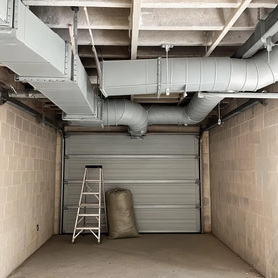 Interior of a concrete block garage with a closed sectional door, a stepladder and a filled sack on the floor, and large gray rectangular and round sheet metal ducts running along the exposed joist ceiling.