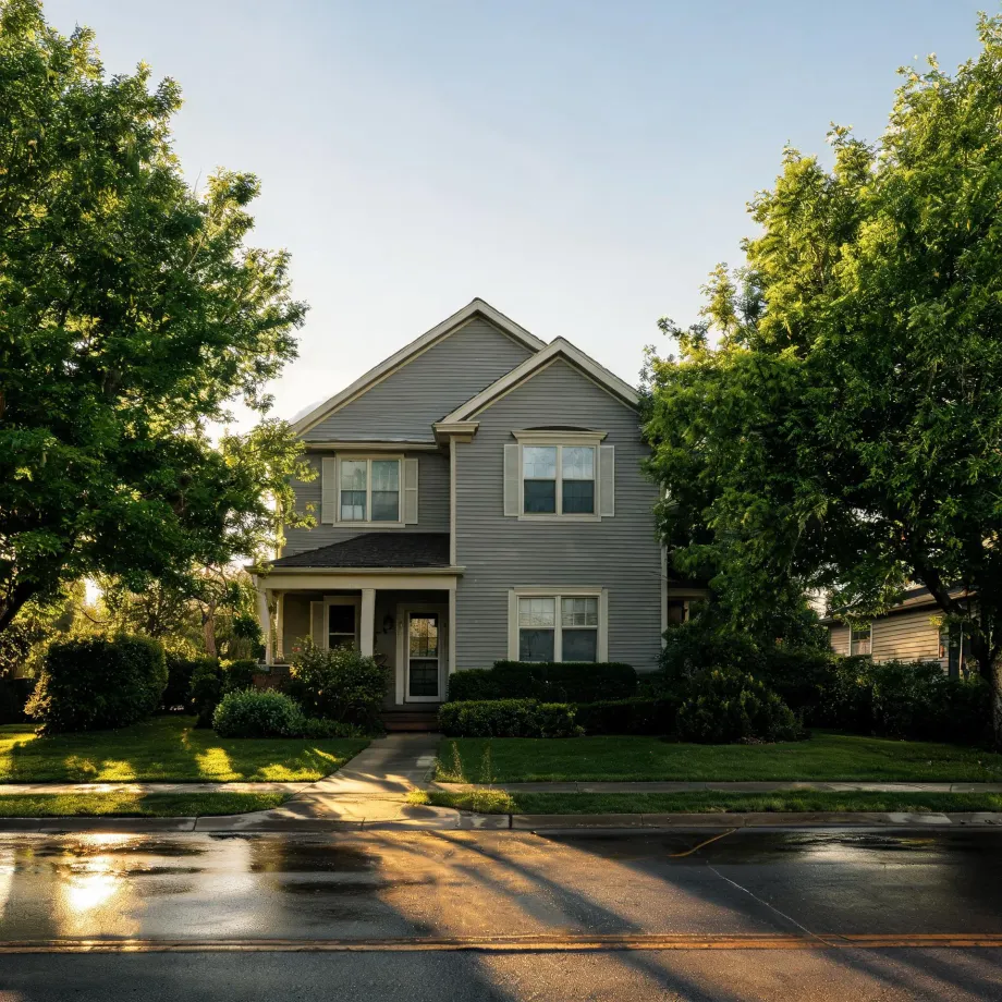 A two-story gray horizontal-sided house with white trim, a covered porch and gabled roof, framed by large green trees, with trimmed hedges, lawn, sidewalk and a wet street in the foreground.