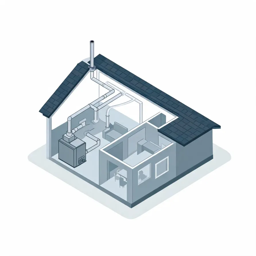 Isometric cutaway illustration of a single-story house showing interior rooms, a furnace unit with connected ductwork, and a flue pipe extending through the dark shingled roof.