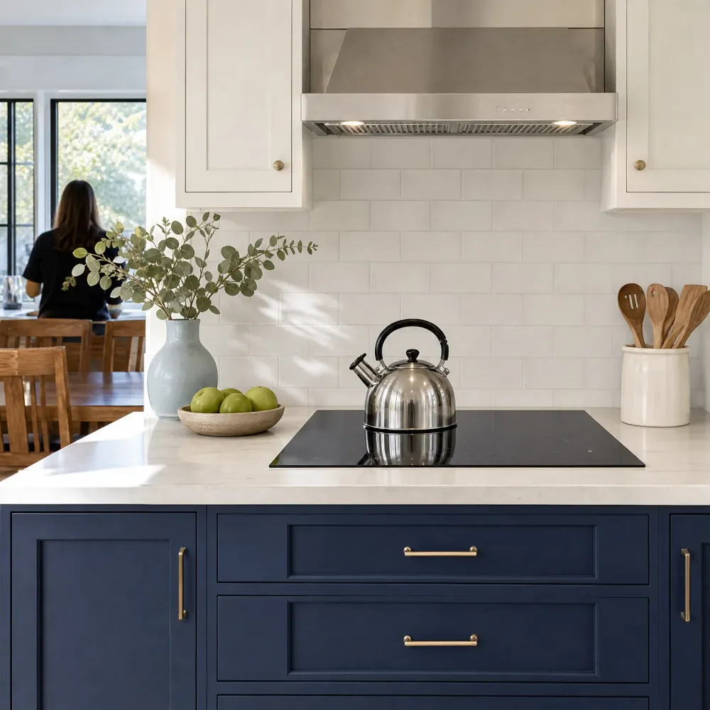 A kitchen island with navy cabinets and a light stone countertop holding a stainless steel kettle on a black cooktop, with a white subway tile backsplash, stainless range hood, cream upper cabinets, a vase of eucalyptus, a bowl of green apples, a crock of wooden utensils, and a person seated at a table near windows in the background.