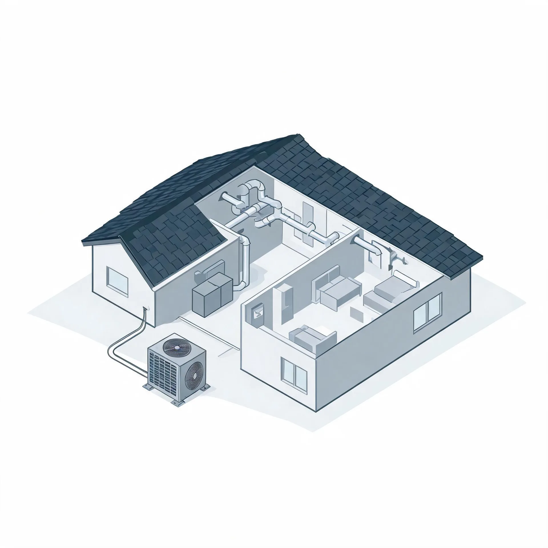 Isometric cutaway illustration of a single-story house showing interior rooms, ceiling ductwork, an indoor air handler, and an outdoor condenser unit connected by lines on the ground.