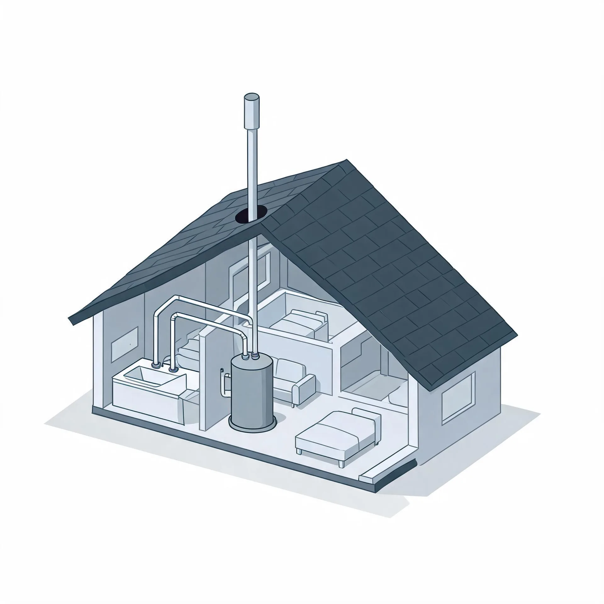 Isometric cutaway illustration of a small house showing interior rooms with beds, sofa, sink and bathtub, and a cylindrical water heater connected to pipes and a flue pipe passing through the dark shingled roof.