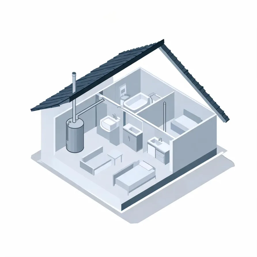 Isometric cutaway illustration of a small single-storey house with a dark tiled gable roof, showing interior rooms with a bathtub, toilet, sinks, beds and a cylindrical water heater tank with a flue pipe running through the roof.