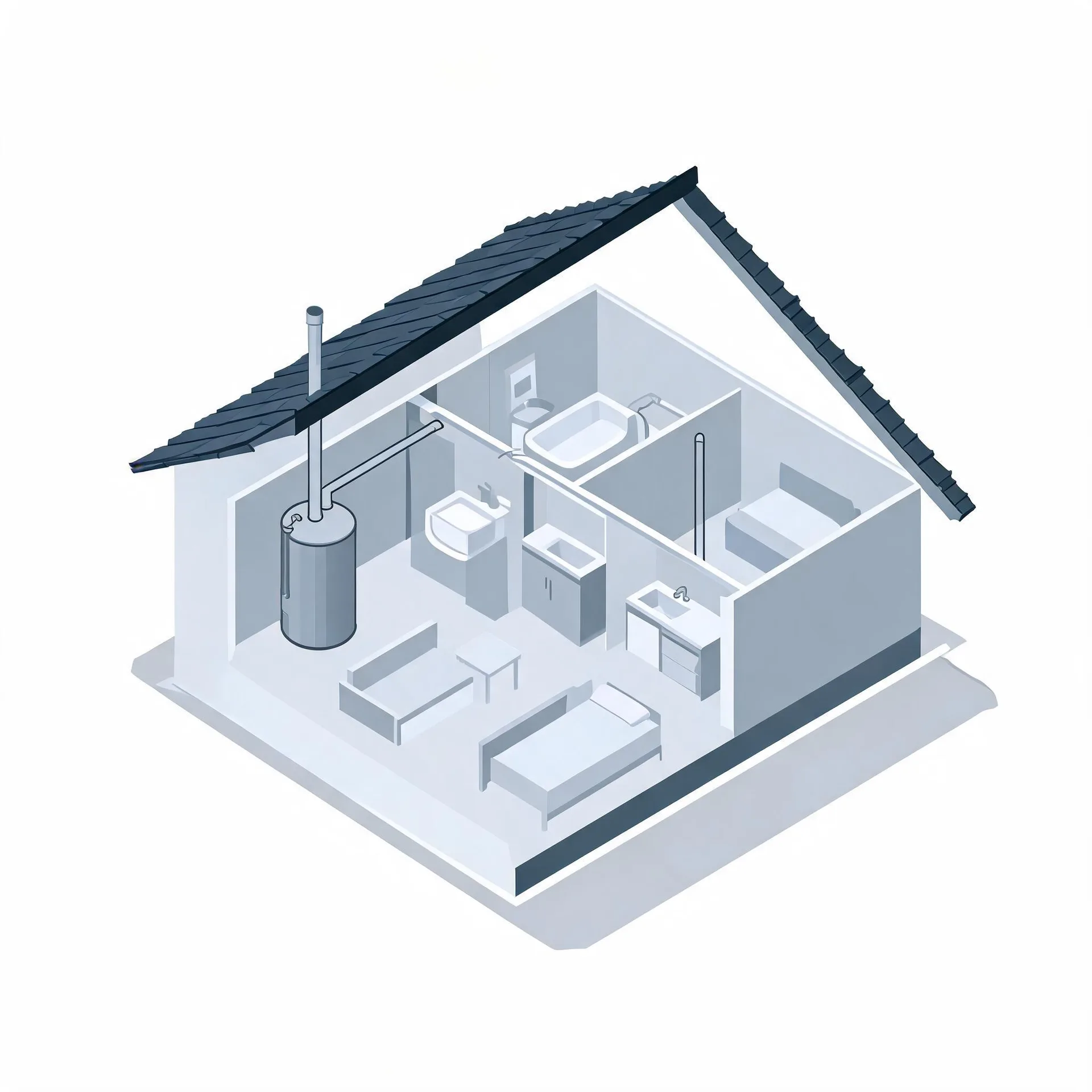Isometric cutaway illustration of a small single-storey house with a dark tiled gable roof, showing interior rooms with a bathtub, toilet, sinks, beds and a cylindrical water heater tank with a flue pipe running through the roof.