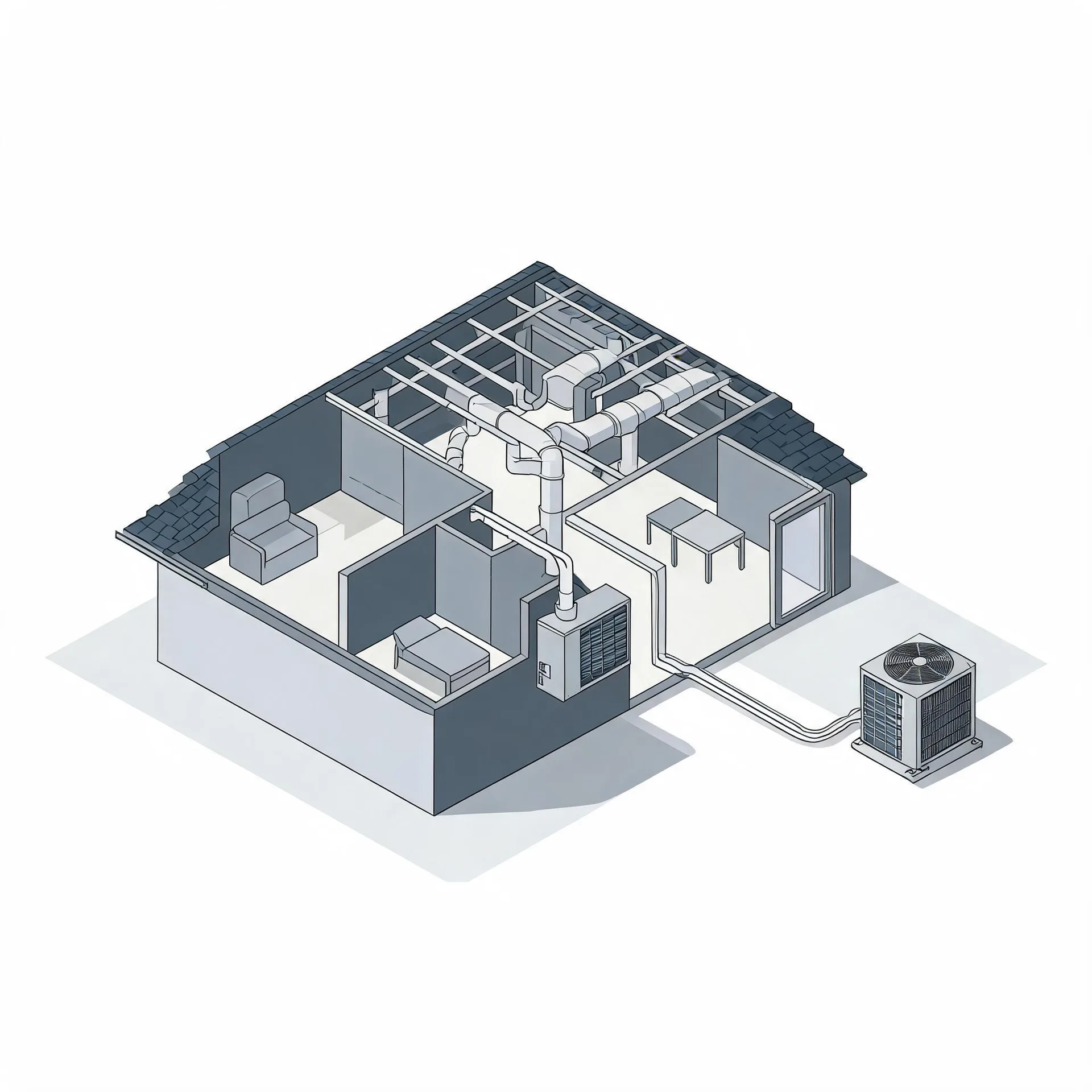 Isometric cutaway illustration of a house showing attic ductwork, an indoor air handler, and an outdoor condenser unit connected by lines.