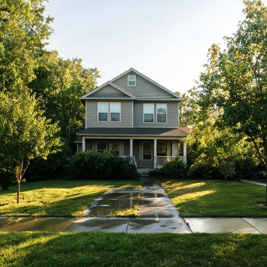 A two-story gray house with a covered front porch, gabled roof and white-trimmed windows, set behind a green lawn, shrubs and leafy trees, with a wet concrete walkway leading from the sidewalk to the entry.