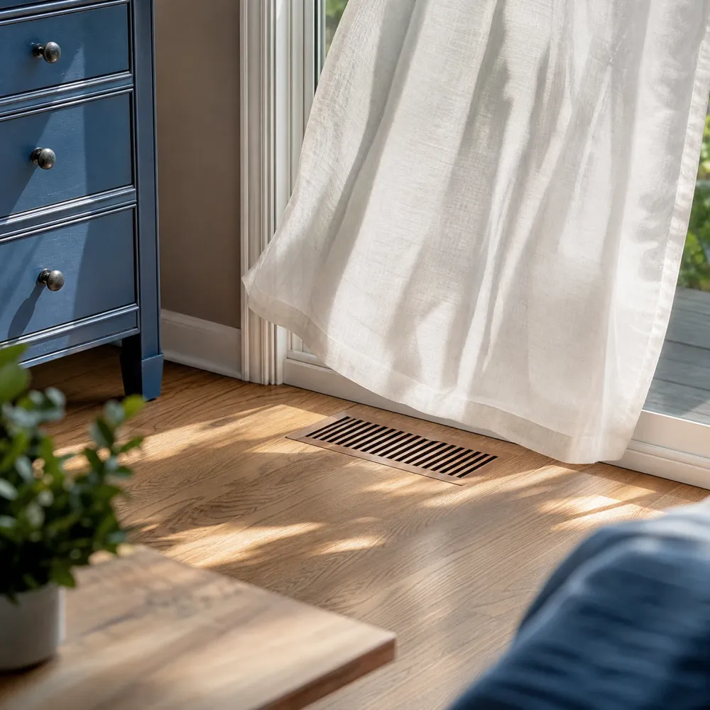 A rectangular floor vent set into light wood flooring near a glass door with a white sheer curtain, beside a blue dresser and a potted plant.
