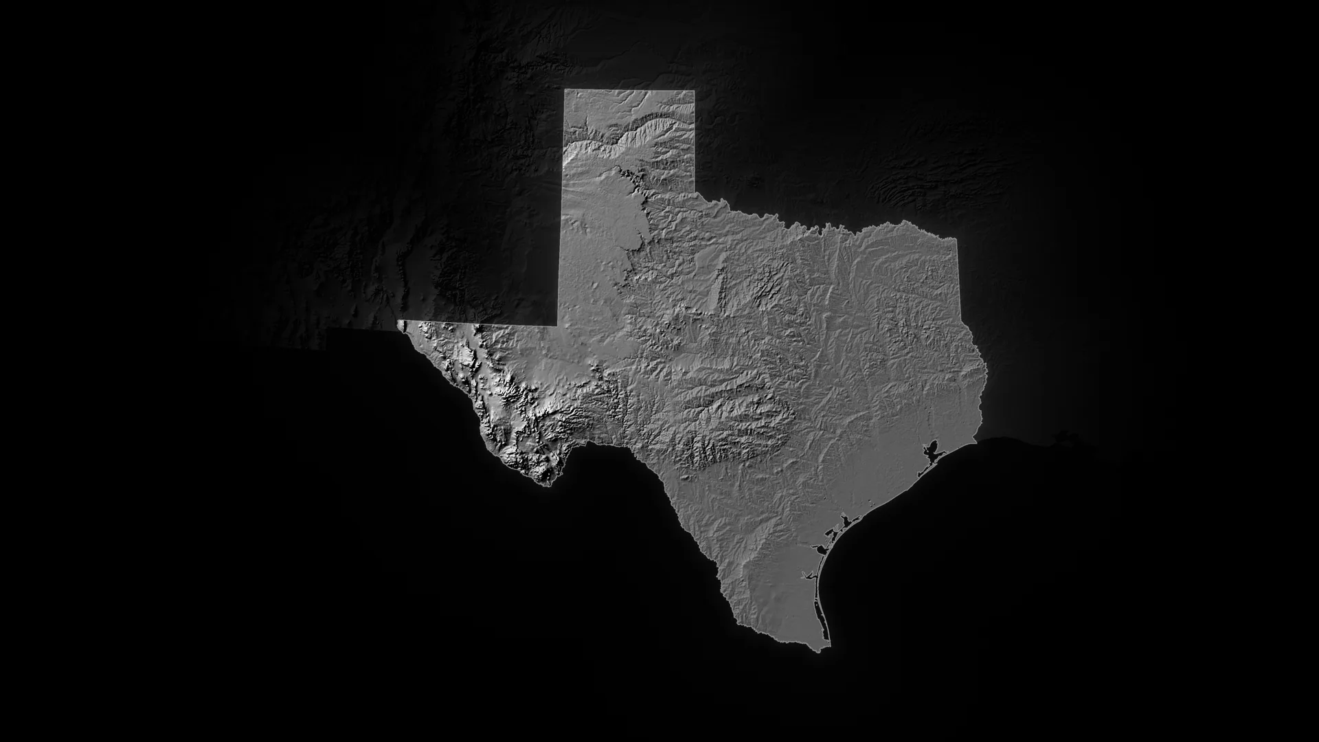 Relief map of Texas, its terrain lit, the neighbouring states fading into the dark