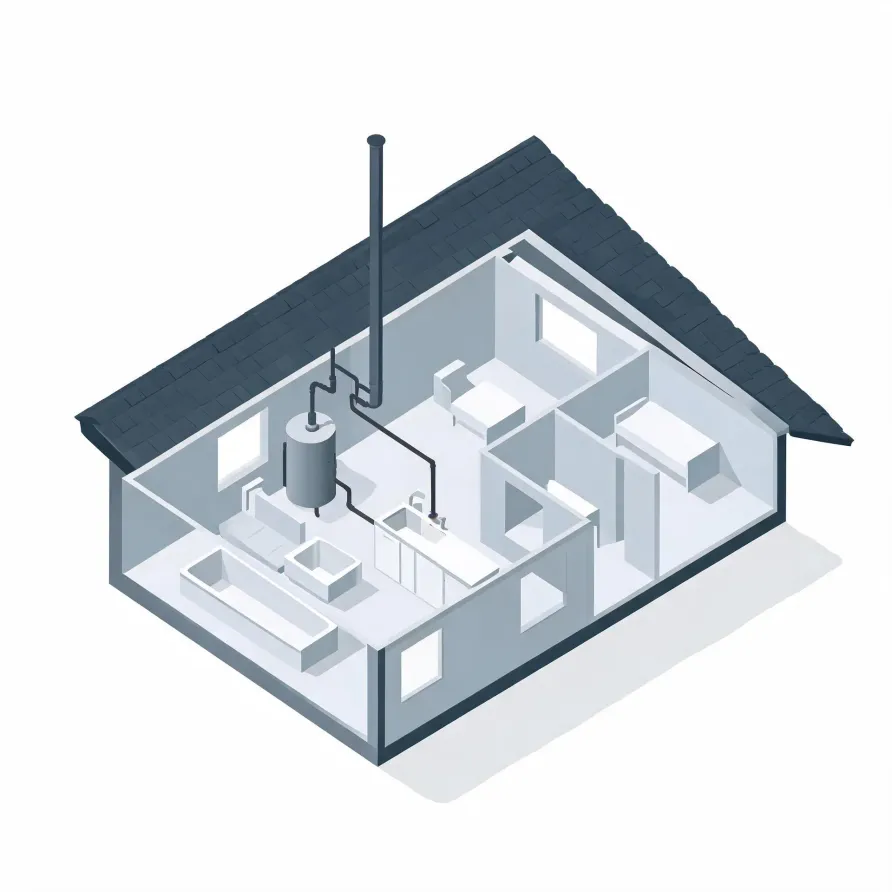 Isometric cutaway illustration of a single-story house interior showing a cylindrical water heater with piping to a roof vent, a kitchen sink and counter, a bathtub, and partition walls under a dark shingled roof.