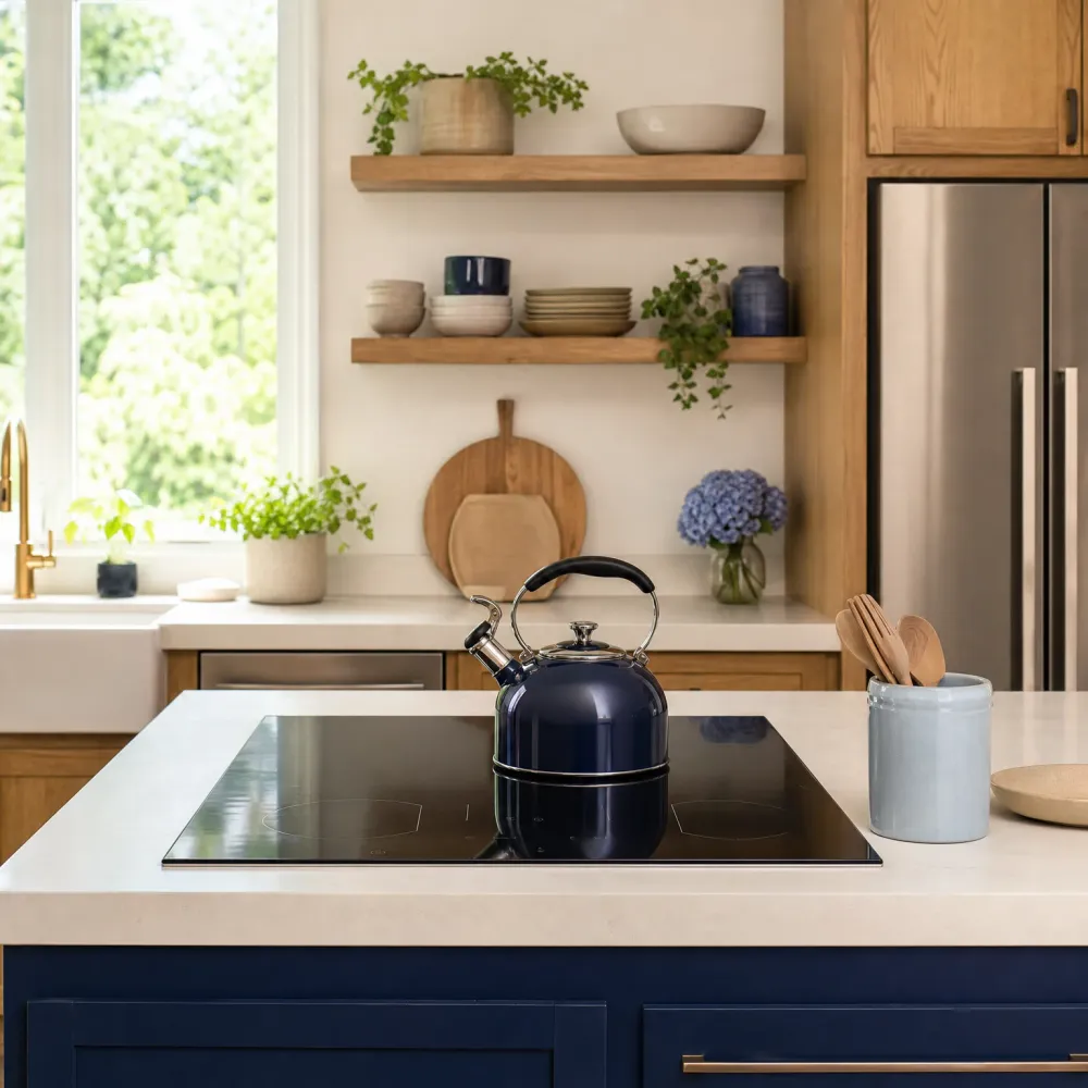 A navy blue whistling kettle sits on a black induction cooktop set into a light stone island with navy cabinets, with wooden open shelves holding bowls and plants, a stainless steel refrigerator, and a window with green trees behind.