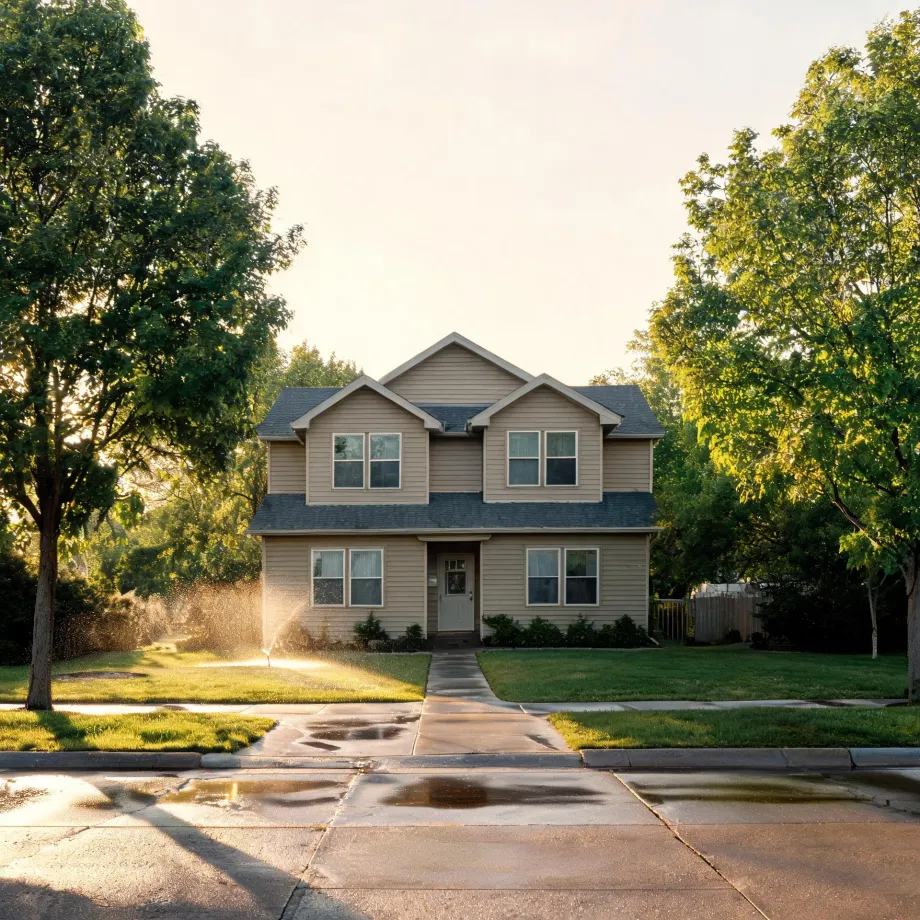 A two-story beige house with gabled roofs and a light-colored front door, fronted by a lawn with a running sprinkler, a concrete walkway, sidewalk and wet street, flanked by large green deciduous trees in low sunlight.