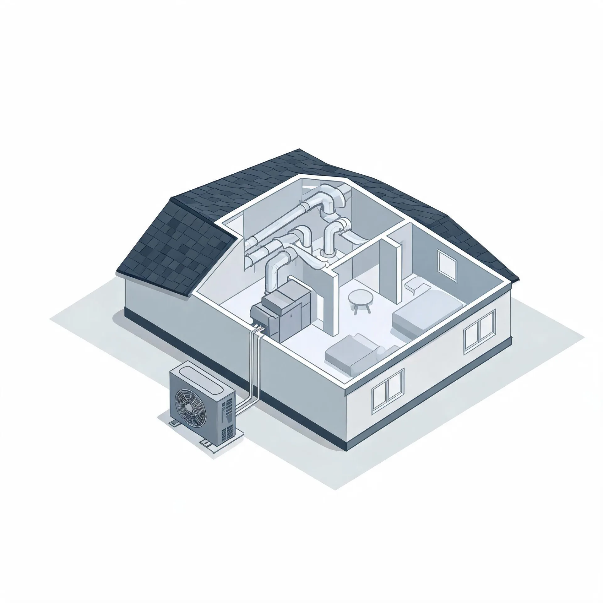 Isometric cutaway illustration of a single-story house showing interior rooms with furniture, an attic duct system connected to an indoor air handler, and an outdoor condenser unit linked by lines along the exterior wall.