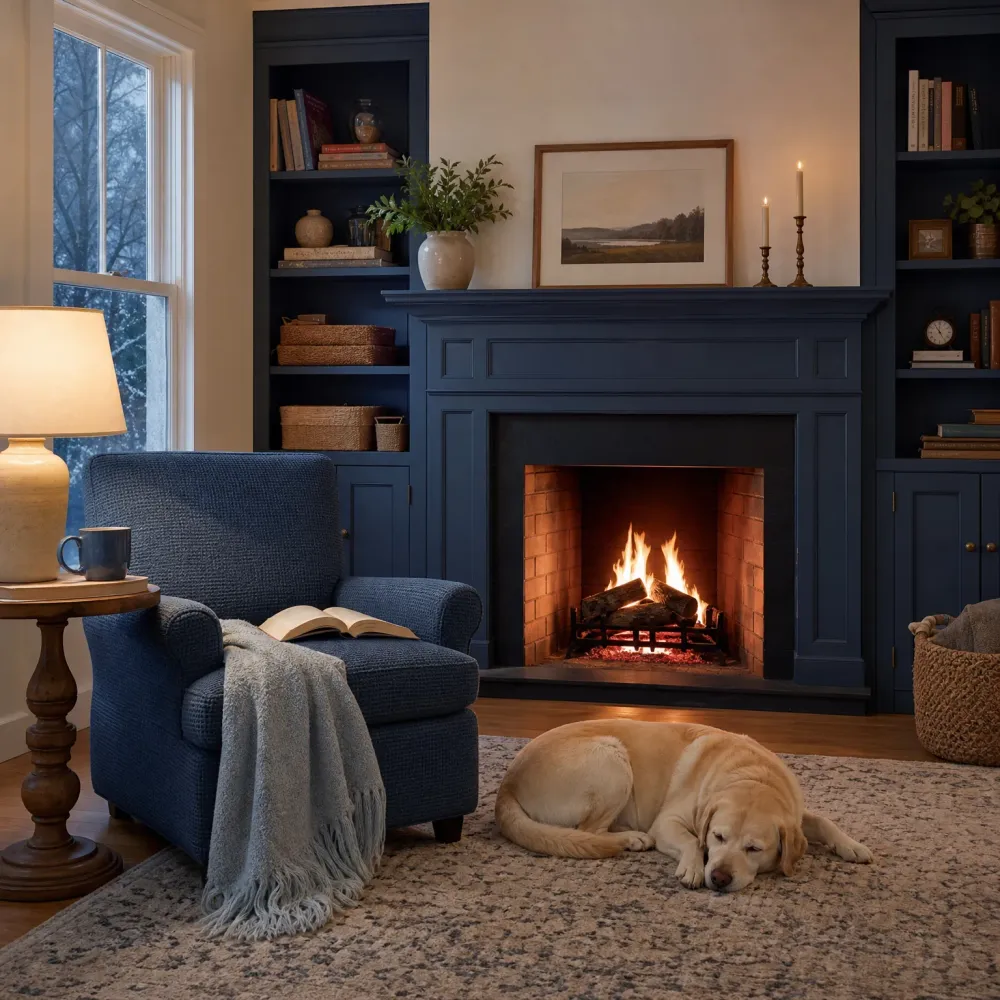 Living room with a lit fireplace in a dark navy mantel and built-in shelves, a navy armchair with a gray throw and open book, a table lamp, and a yellow Labrador lying on a patterned rug.