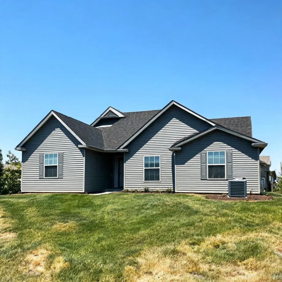 A single-story gray horizontal-siding house with multiple gables, dark shingled roof, shuttered windows, and an exterior air conditioning unit, set on a large grassy lawn under a clear blue sky.