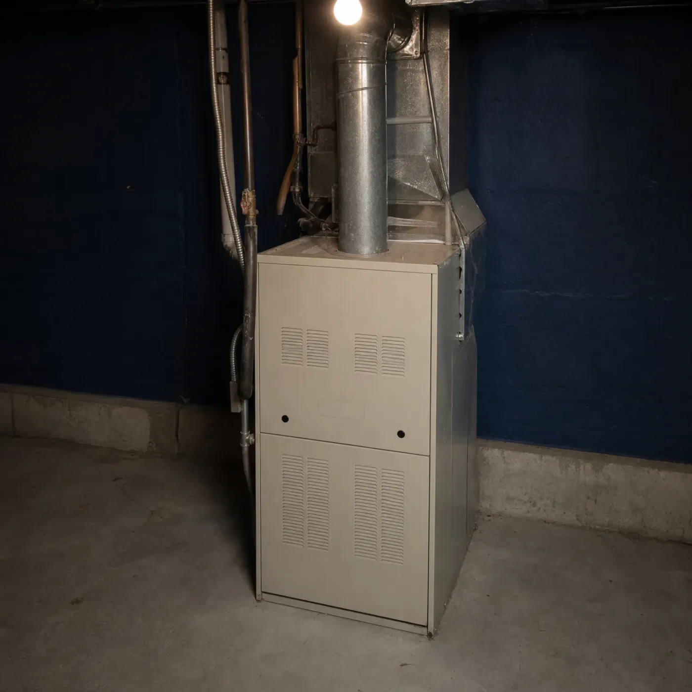 A beige furnace with louvered panels stands against a dark blue basement wall, with metal ductwork, a flue pipe, and conduit above it, lit by a bare ceiling bulb.