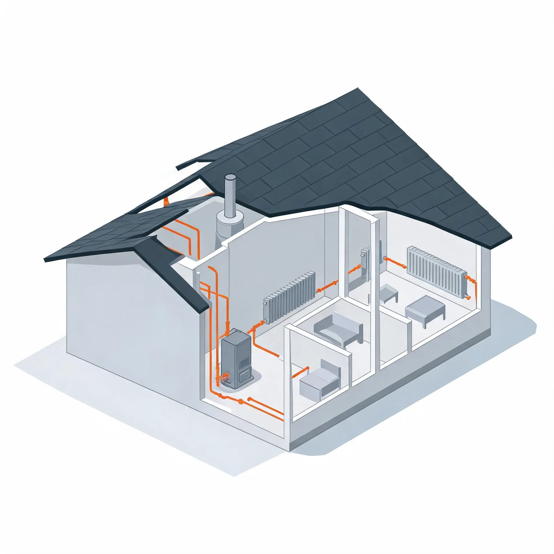 Isometric cutaway illustration of a single-storey house with a dark shingled roof, showing a boiler with flue connected by orange pipes to wall radiators in furnished rooms.