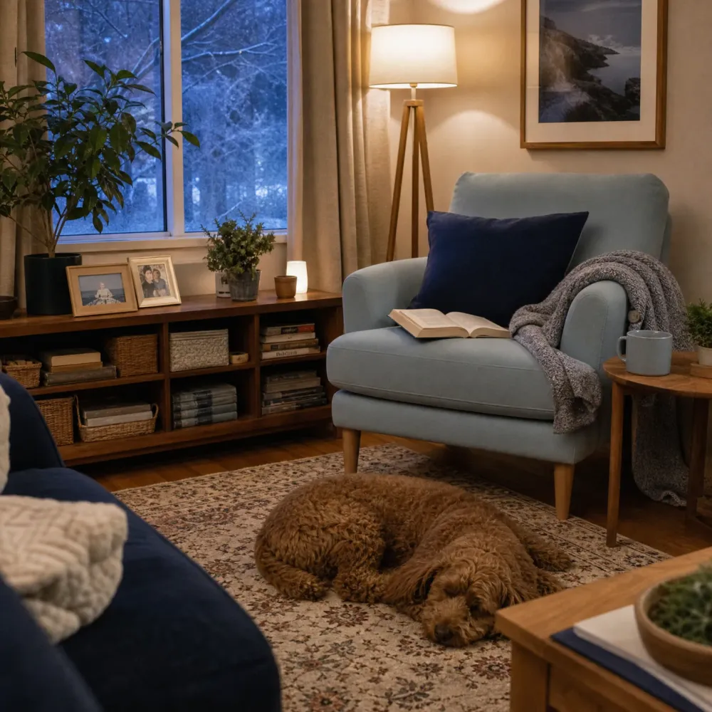 A dimly lit living room at night with a light blue armchair holding an open book and a navy cushion, a lit tripod floor lamp, a low wooden bookshelf with baskets and framed photos, and a curly brown dog sleeping on a patterned rug.