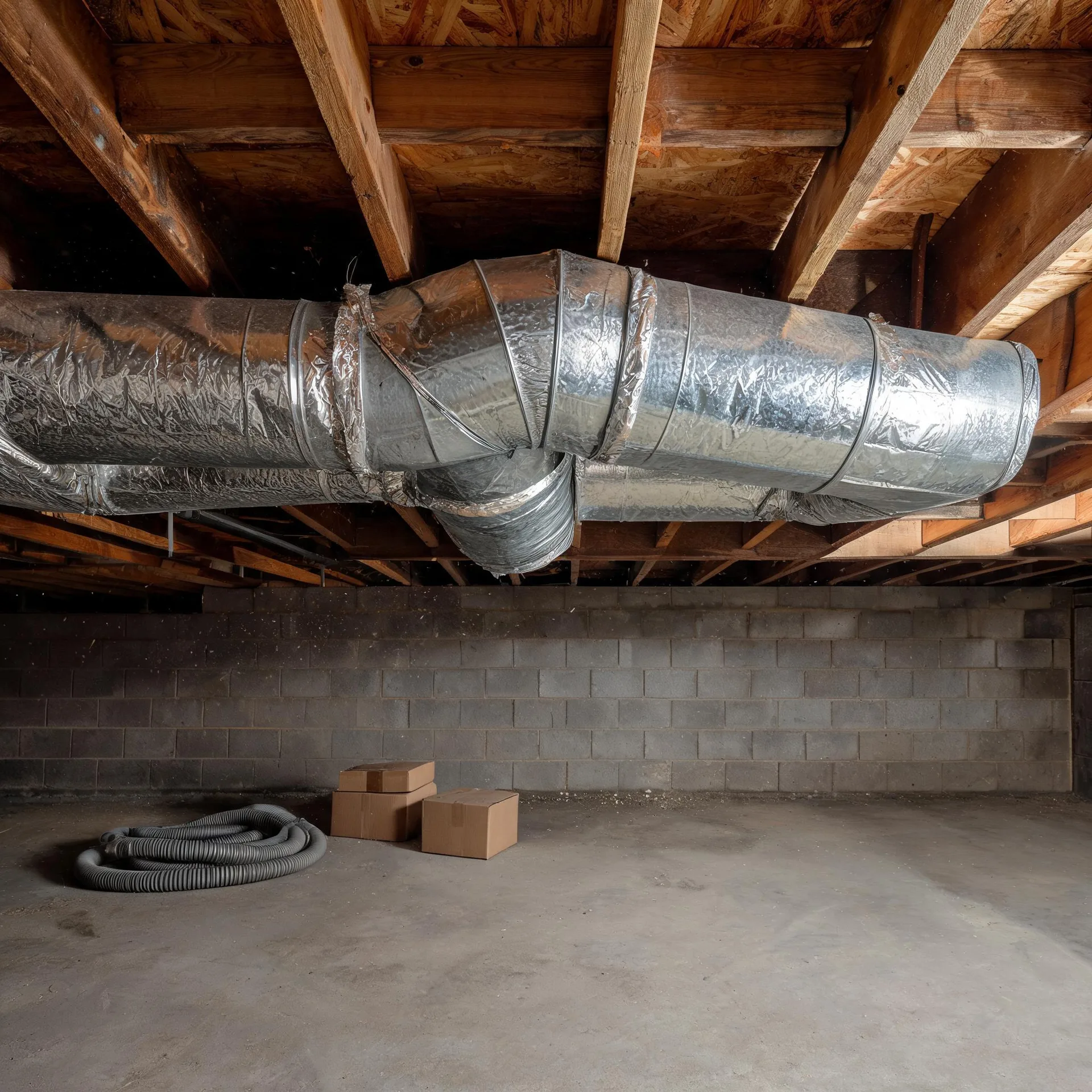 Unfinished basement with concrete block walls and a bare concrete floor, insulated metal ductwork running beneath exposed wood floor joists, a coiled flexible hose and two cardboard boxes on the floor.