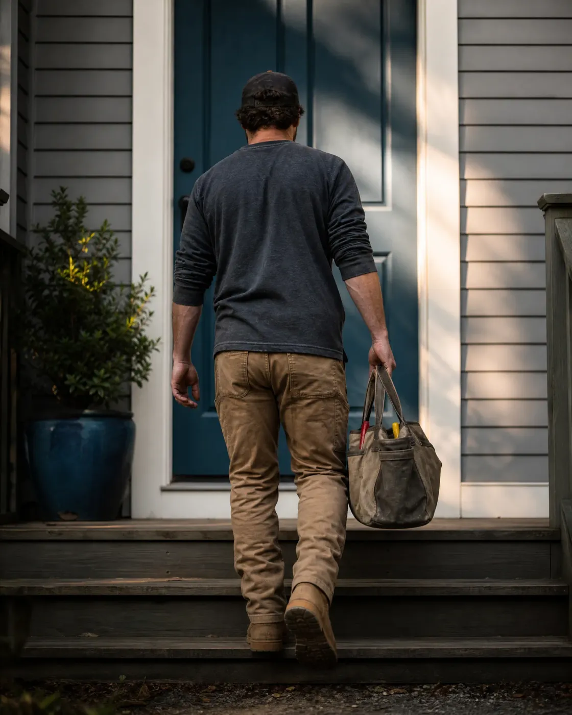 A man in a cap, dark long-sleeve shirt, tan work pants and boots walks up wooden porch steps toward a teal front door, carrying a canvas tool bag with hand tools.