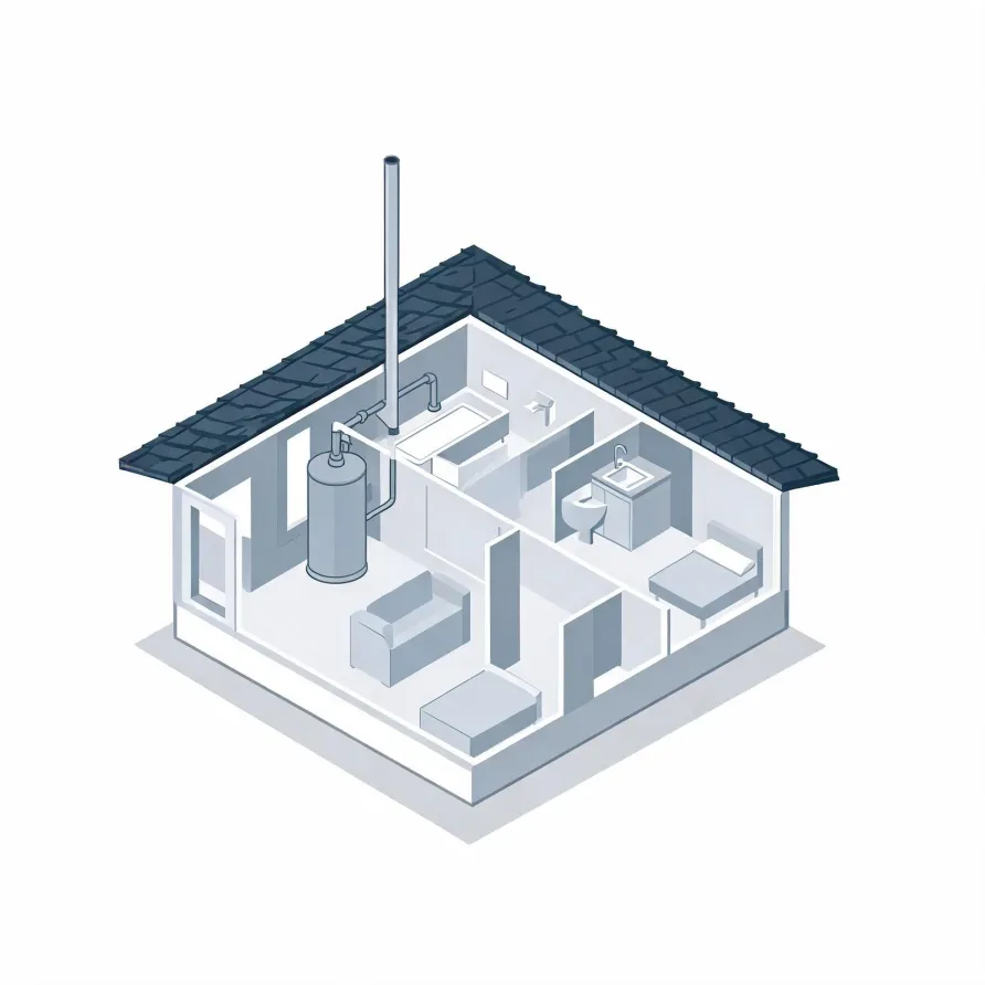 Isometric cutaway illustration of a small single-story house showing interior rooms with a bathtub, toilet, sink, sofa, beds, and a cylindrical water heater connected by piping to a tall flue extending through the dark tiled roof.
