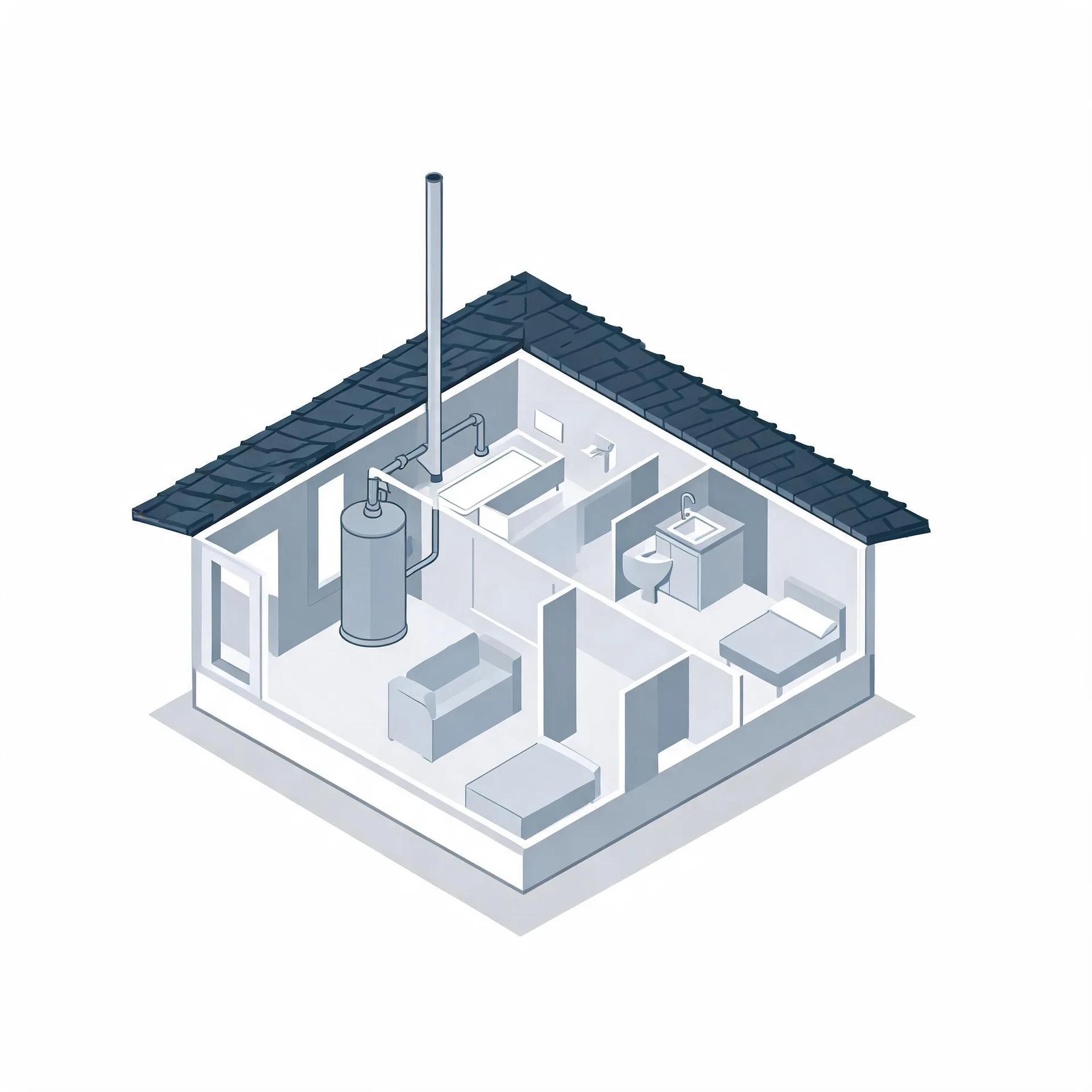 Isometric cutaway illustration of a small single-story house showing interior rooms with a bathtub, toilet, sink, sofa, beds, and a cylindrical water heater connected by piping to a tall flue extending through the dark tiled roof.