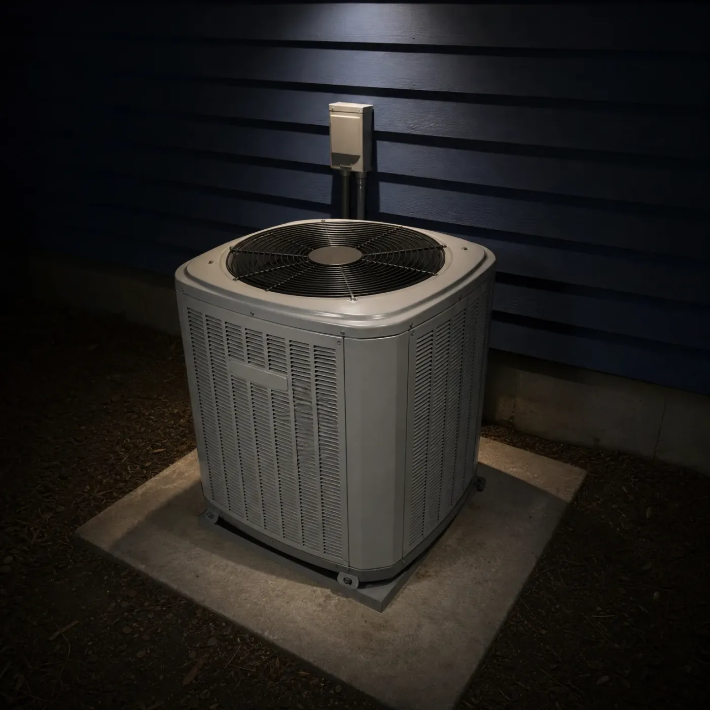 A gray outdoor air conditioning condenser unit with a top-mounted fan grille sits on a concrete pad beside a dark blue horizontal lap-siding wall, with an electrical disconnect box and conduit on the wall above it, lit at night.