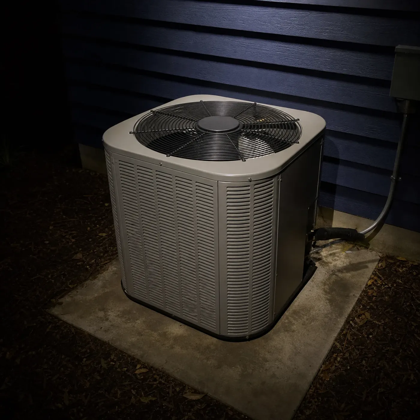 An outdoor air conditioner condenser unit with a top-mounted fan sits on a concrete pad beside a dark blue lap-sided wall at night, with refrigerant lines and conduit running to the wall.