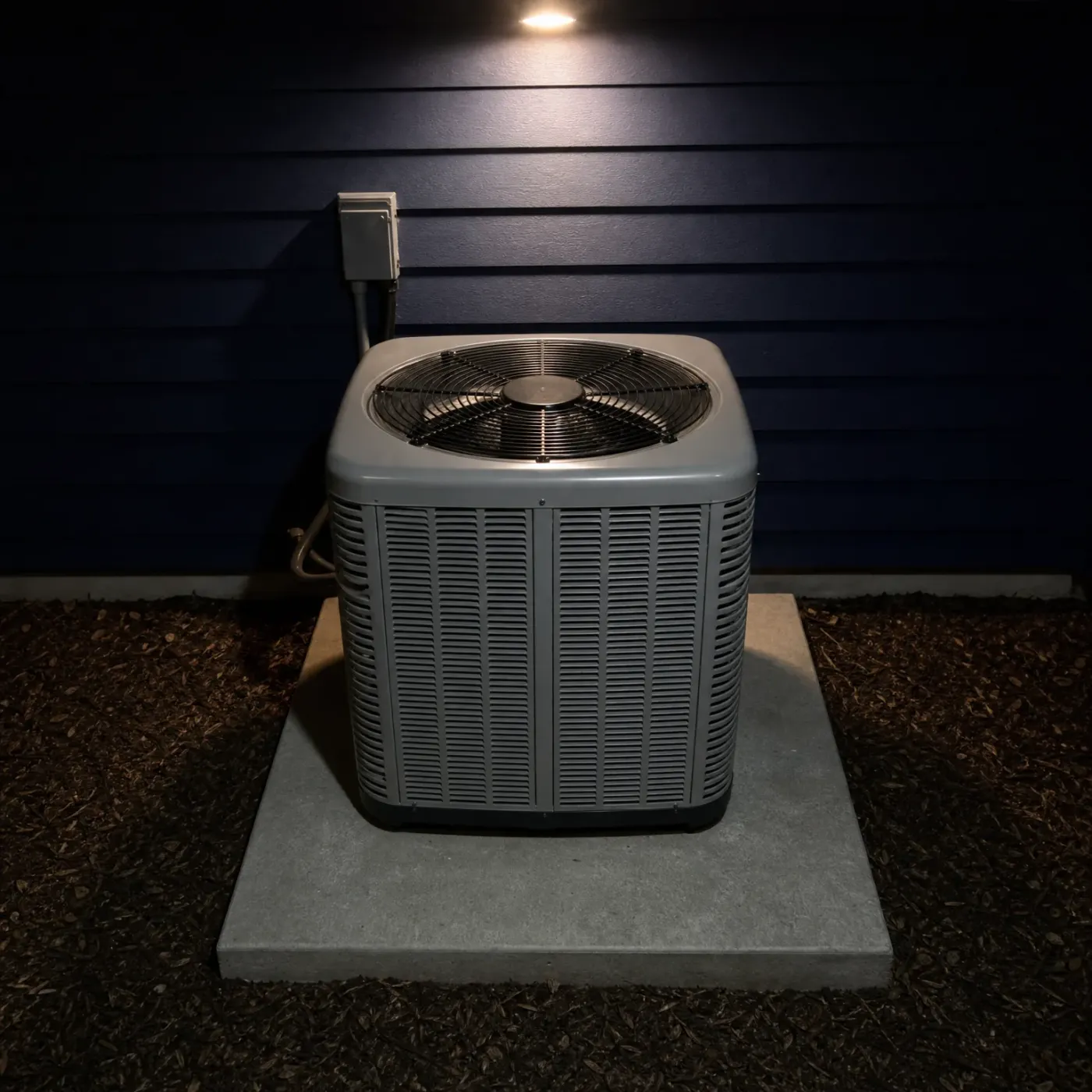 A gray outdoor condenser unit on a concrete pad beside a dark blue horizontal lap-sided wall at night, lit by an overhead light, with a small electrical disconnect box on the wall and mulch surrounding the pad.