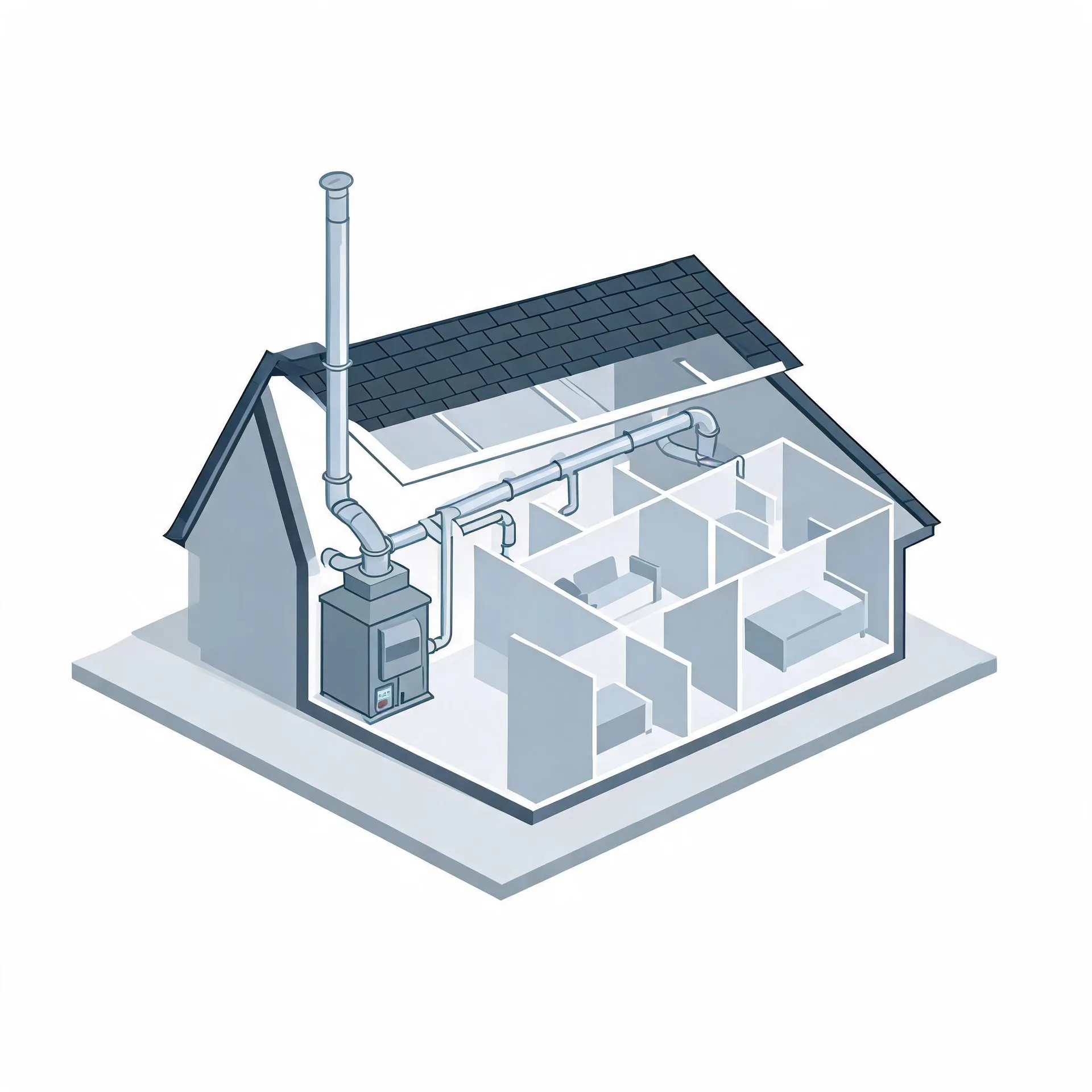 Isometric cutaway illustration of a house showing interior rooms with furniture, a furnace unit with a tall flue pipe outside, and ductwork running through the attic.
