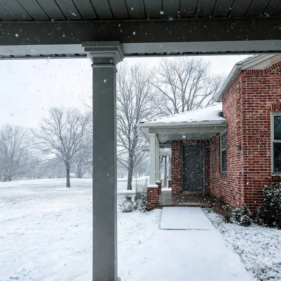 View from a covered porch with a white square column toward a red brick house with a dark front door, a snow-covered walkway and lawn, bare trees, and falling snow.