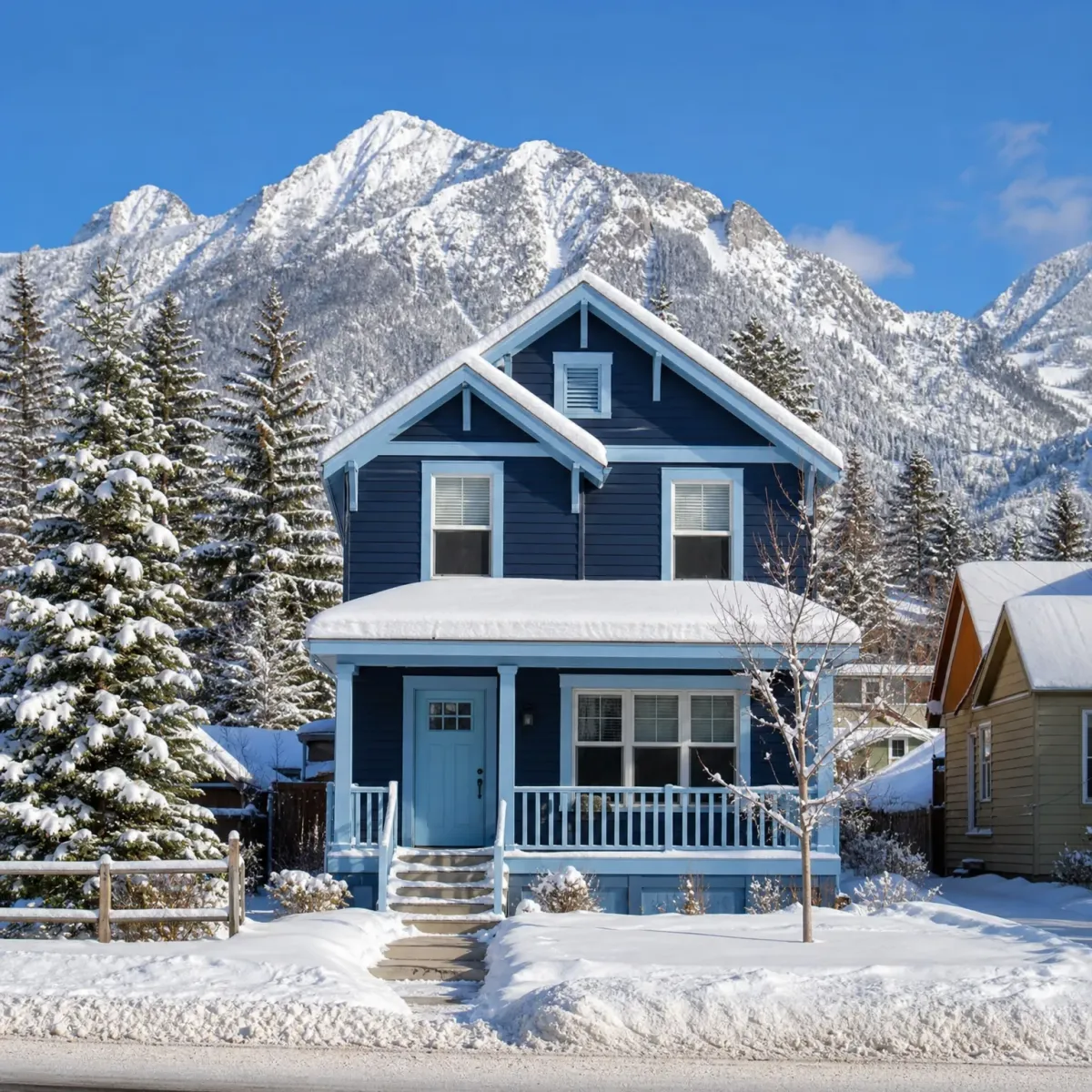 A two-story navy blue house with light blue trim, a covered front porch and snow-covered roof, flanked by snowy conifers with a snow-covered mountain ridge behind it under a clear blue sky.