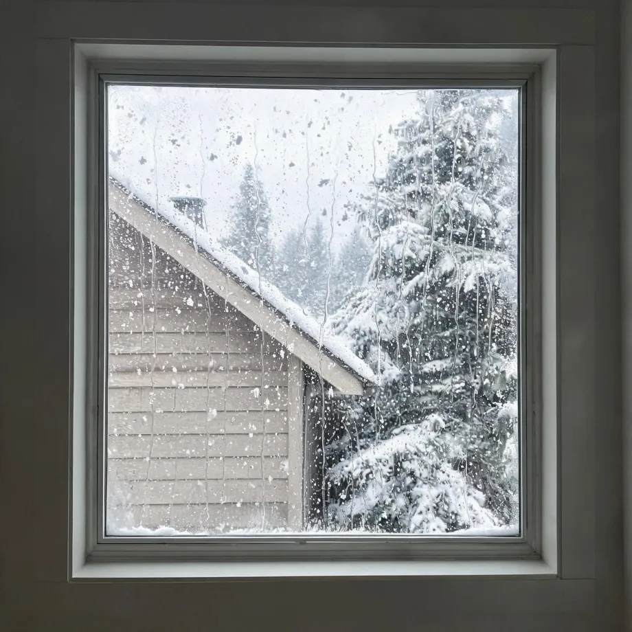 View through a square window with condensation streaks and water droplets on the glass, showing a snow-covered shingled roof and wall of an adjacent building and snow-laden conifer trees outside.