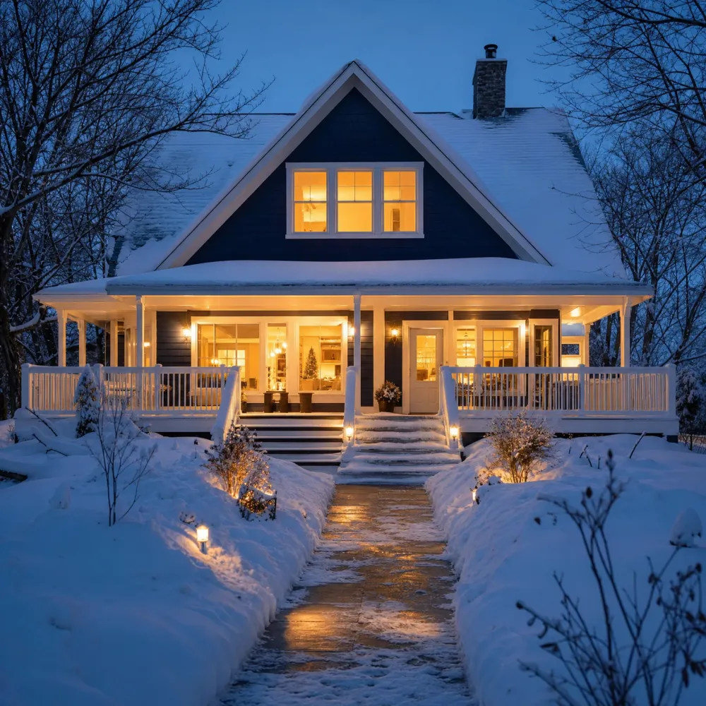 A two-story dark-sided house with a white wraparound porch and lit windows at dusk, surrounded by deep snow with a shoveled walkway leading to the front steps.