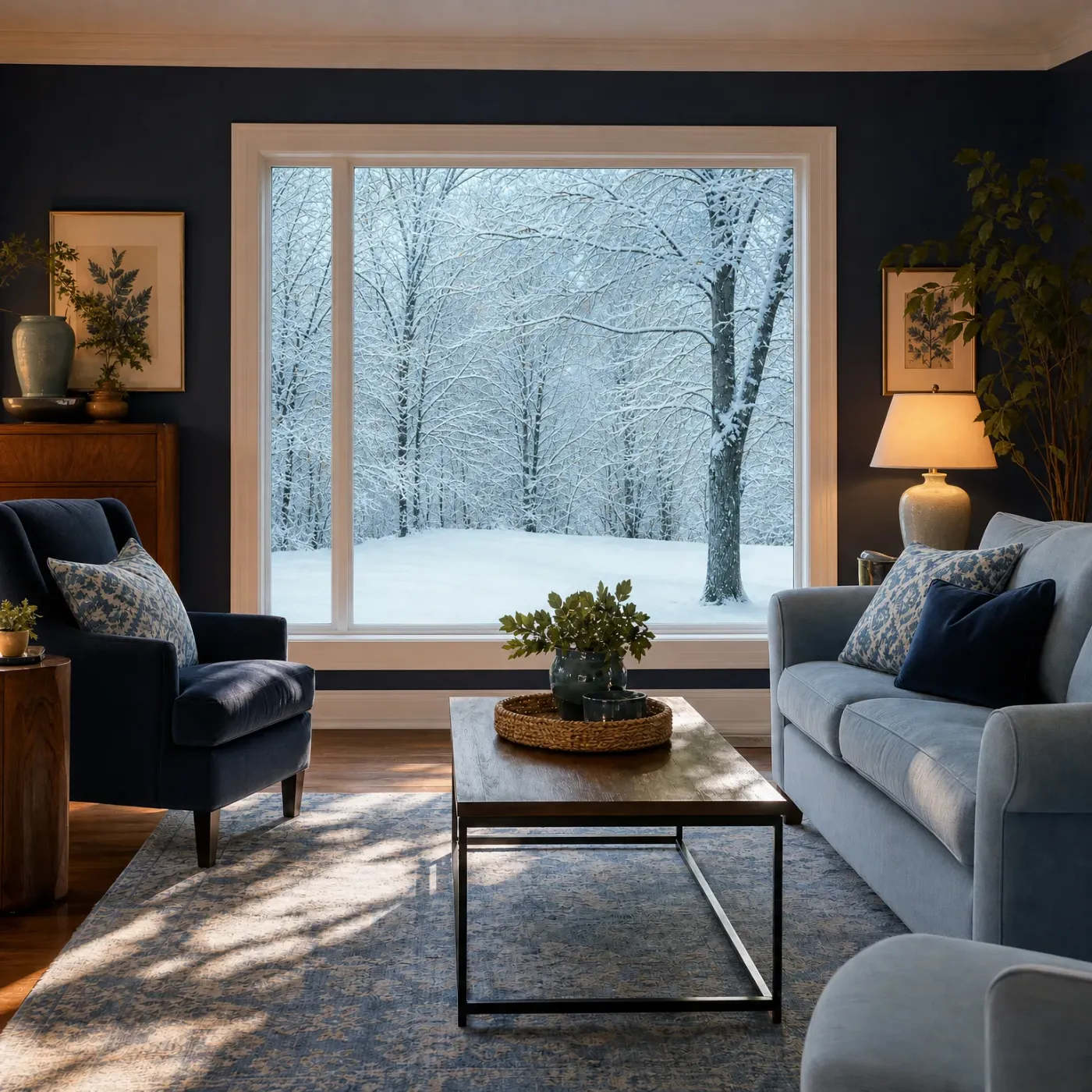 A dark-walled living room with a navy armchair, light gray sofa, metal-and-wood coffee table and patterned rug, facing a large picture window showing snow-covered trees and ground outside, with a lit table lamp at right.