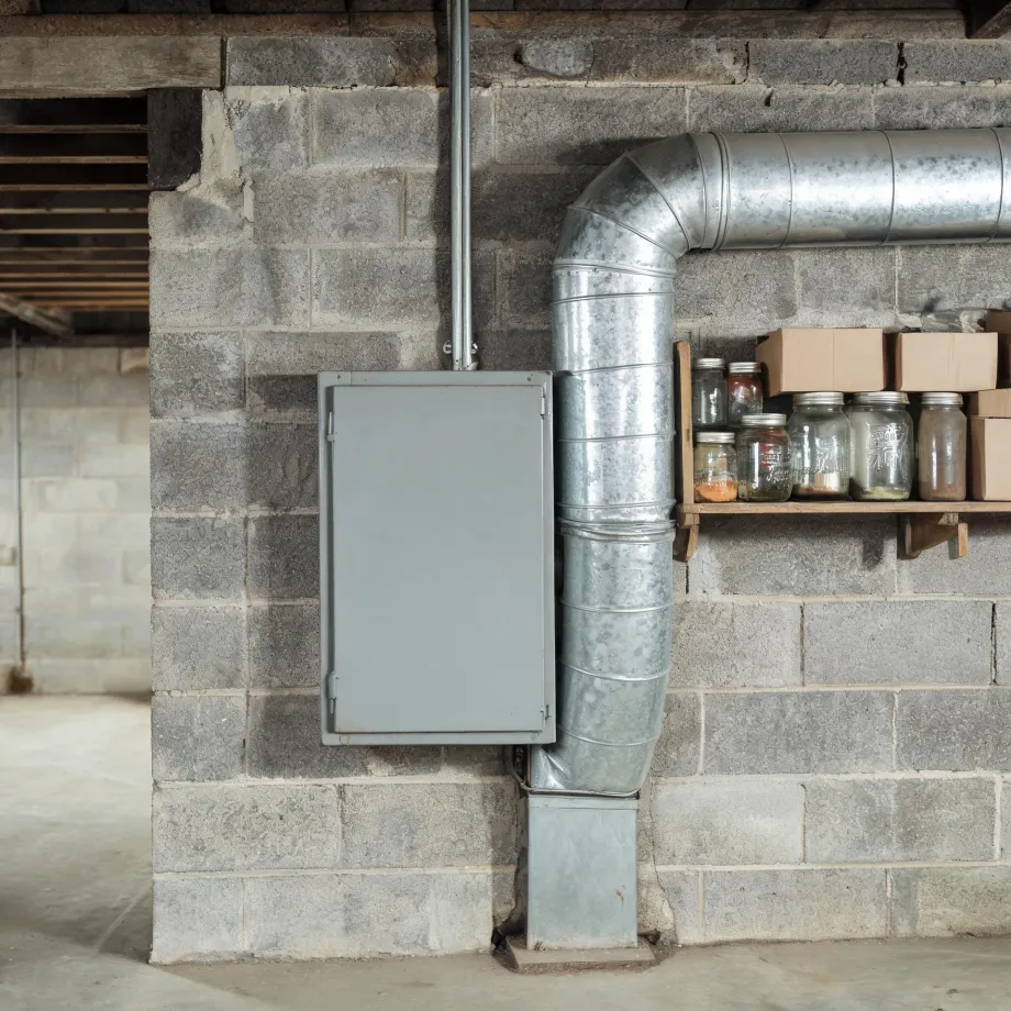 A basement concrete block wall with a gray electrical panel box, a galvanized sheet-metal duct running up to a horizontal trunk line, and a wooden shelf holding canning jars and cardboard boxes.